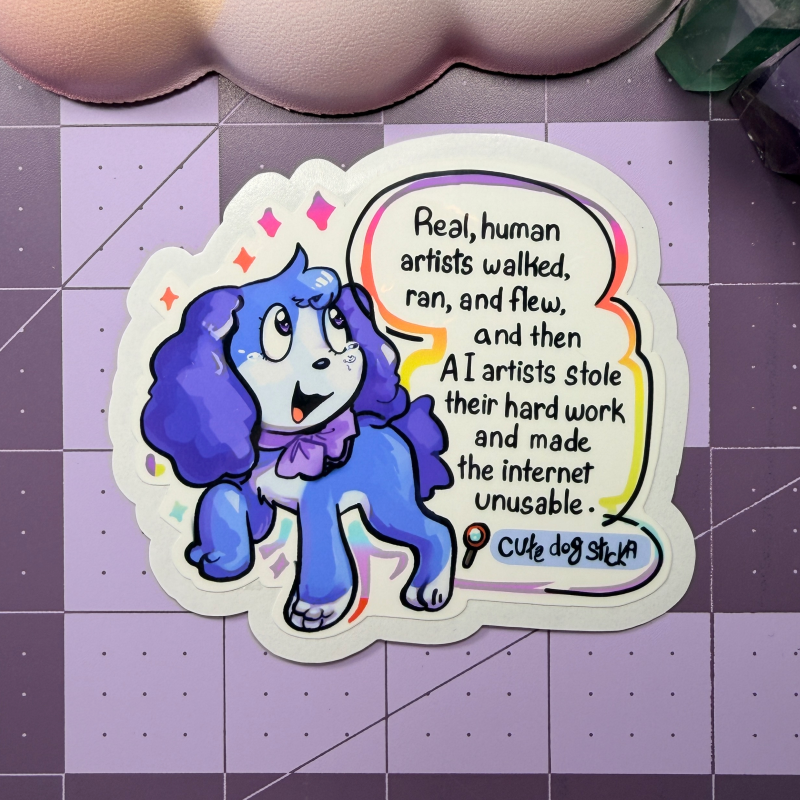 Real Artists Flew Anti AI Sticker, The Sad Dog Is Blue